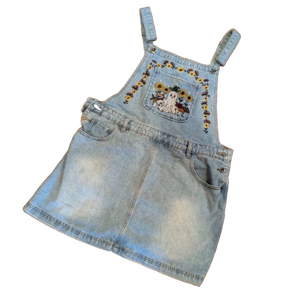 Thorn & Fable Ghost Mushroom Sunflower‎ Denim Overalls Jean Skirt Sz 0 Plus